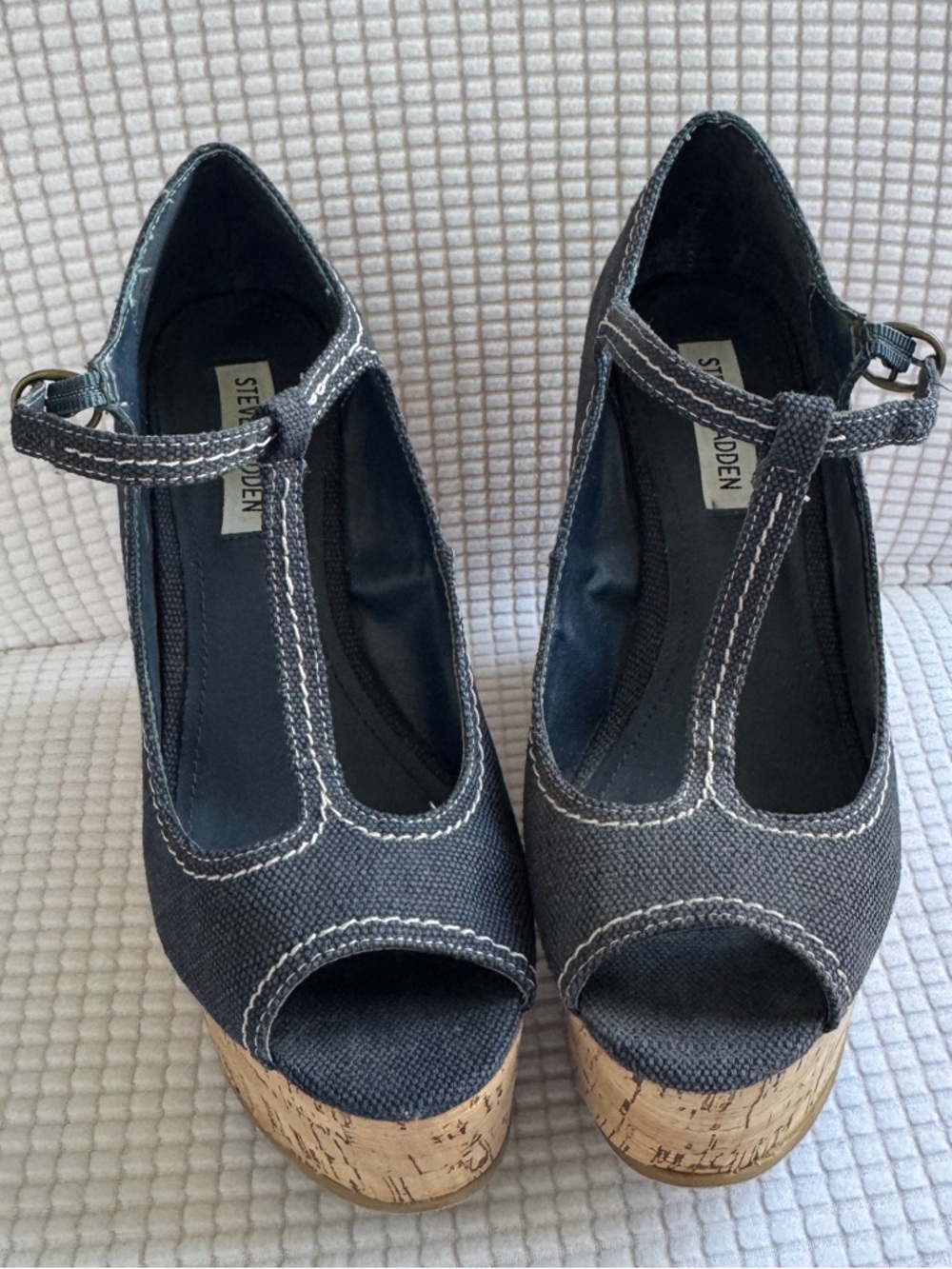 Steve Madden Black Canvas T-Strap Cork Platform Sandals